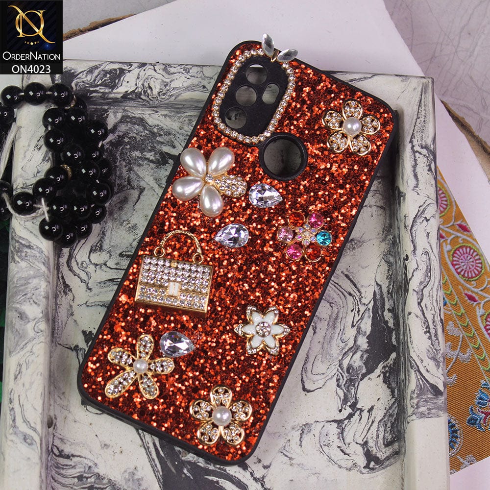 Oppo A53s Cover - Red - New Bling Bling Sparkle 3D Flowers Shiny Glitter Texture Protective Case