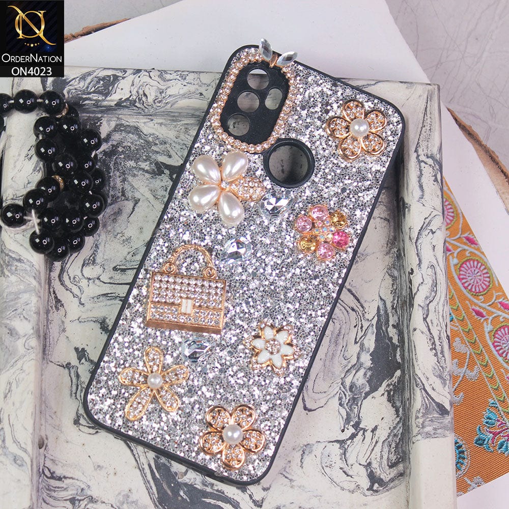 Oppo A53 Cover - Silver - New Bling Bling Sparkle 3D Flowers Shiny Glitter Texture Protective Case
