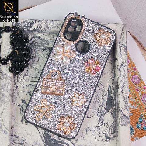 Oppo A53 Cover - Silver - New Bling Bling Sparkle 3D Flowers Shiny Glitter Texture Protective Case