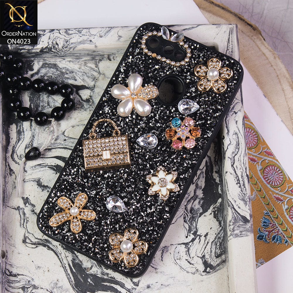 Oppo A12s Cover - Black - New Bling Bling Sparkle 3D Flowers Shiny Glitter Texture Protective Case