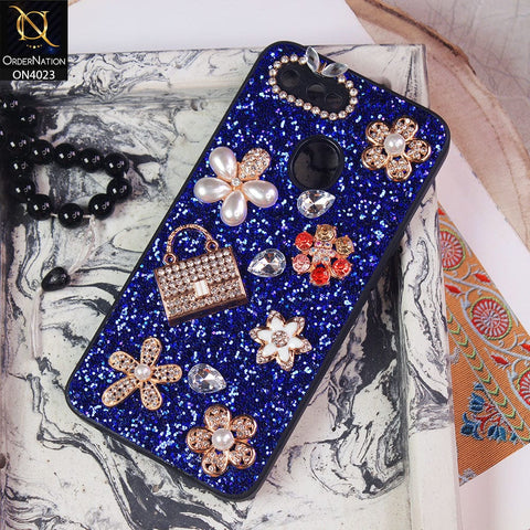 Oppo A12s Cover - Blue - New Bling Bling Sparkle 3D Flowers Shiny Glitter Texture Protective Case
