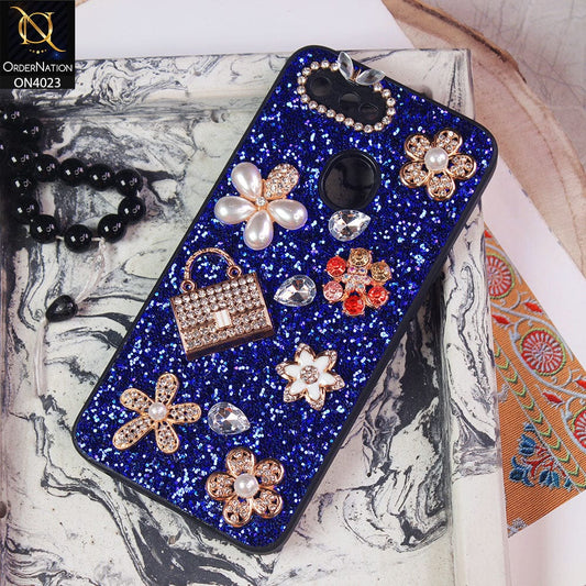 Oppo A12 Cover - Blue - New Bling Bling Sparkle 3D Flowers Shiny Glitter Texture Protective Case
