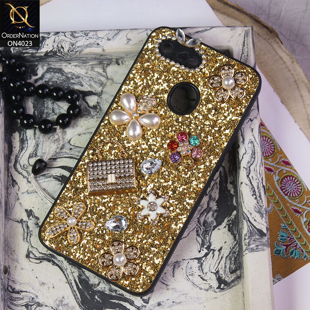 Oppo A7 Cover - Golden - New Bling Bling Sparkle 3D Flowers Shiny Glitter Texture Protective Case