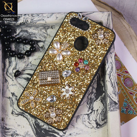 Oppo A7 Cover - Golden - New Bling Bling Sparkle 3D Flowers Shiny Glitter Texture Protective Case
