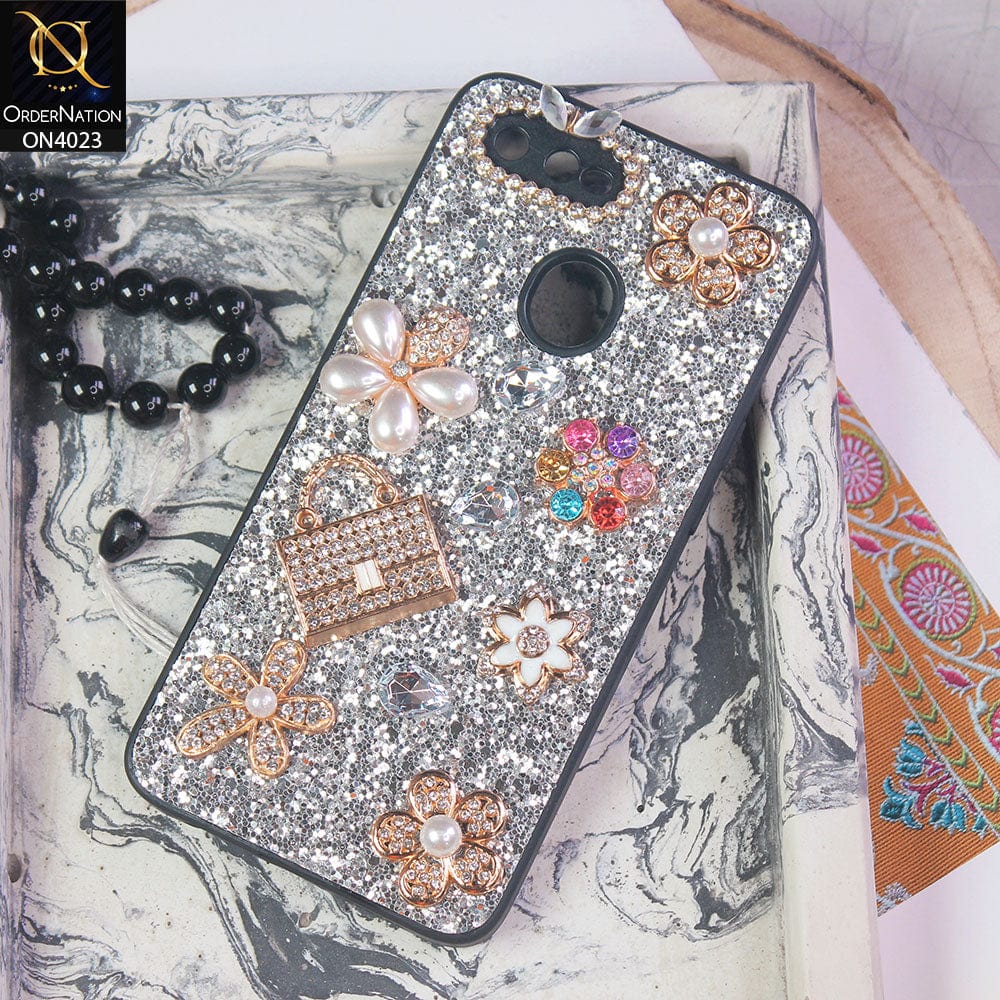 Oppo A7 Cover - Silver - New Bling Bling Sparkle 3D Flowers Shiny Glitter Texture Protective Case