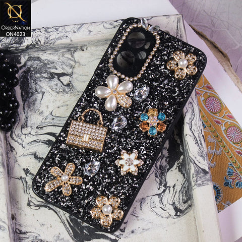 Oppo A76 Cover - Black - New Bling Bling Sparkle 3D Flowers Shiny Glitter Texture Protective Case