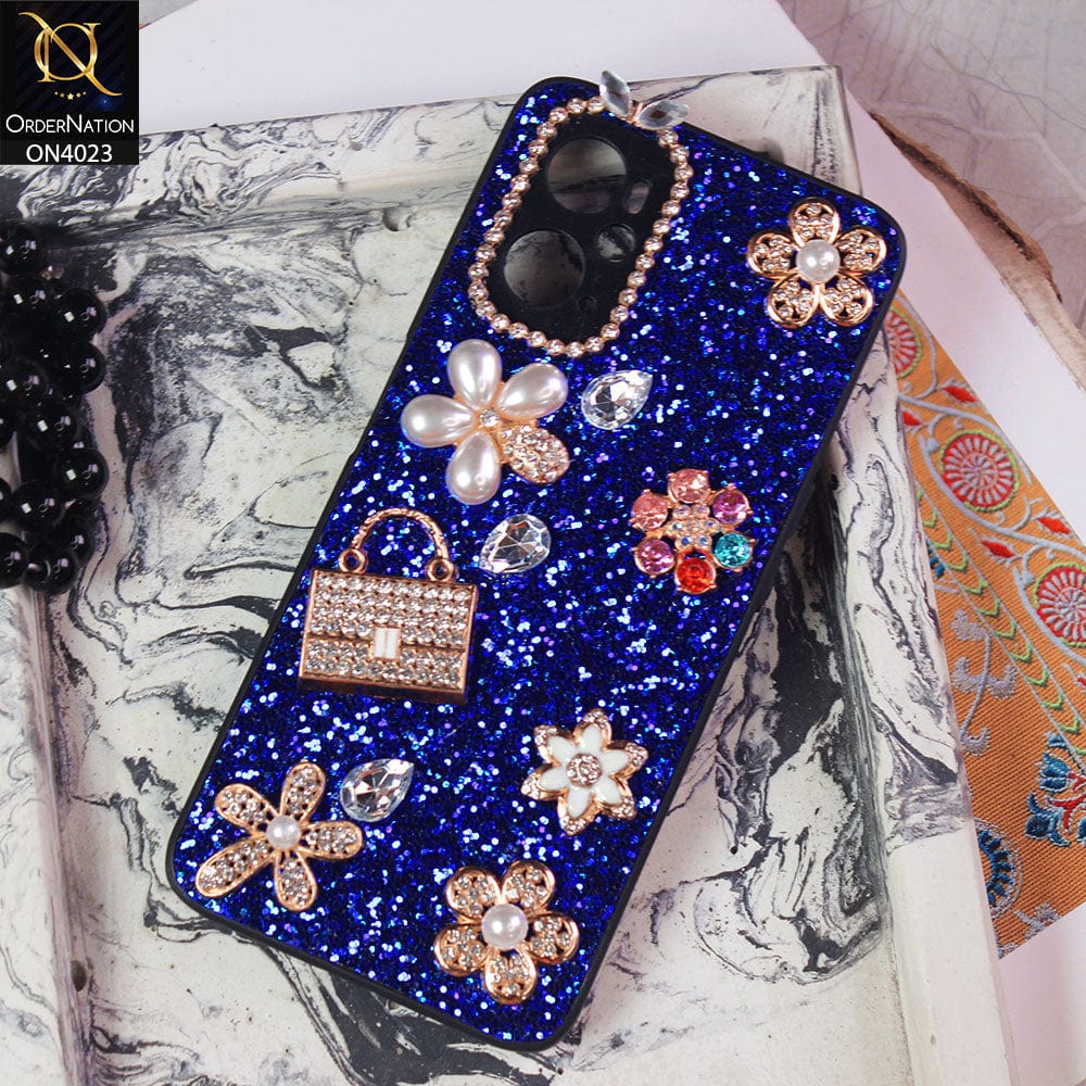 Oppo A76 Cover - Blue - New Bling Bling Sparkle 3D Flowers Shiny Glitter Texture Protective Case