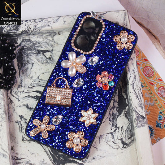 Oppo A76 Cover - Blue - New Bling Bling Sparkle 3D Flowers Shiny Glitter Texture Protective Case