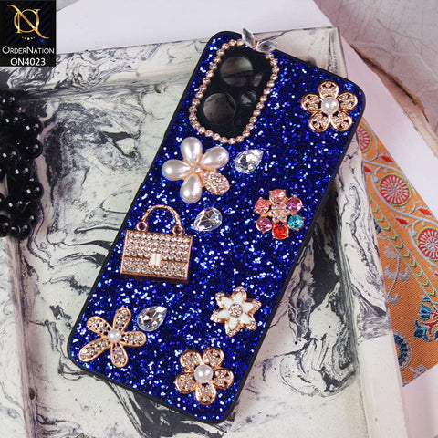Oppo A36 Cover - Blue - New Bling Bling Sparkle 3D Flowers Shiny Glitter Texture Protective Case