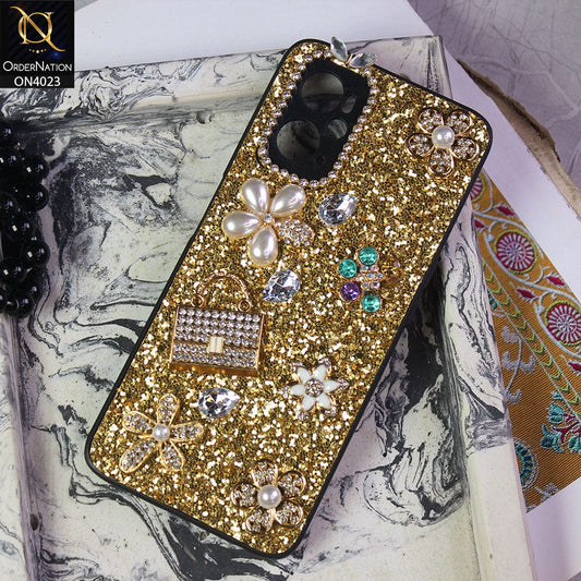 Oppo A76 Cover - Golden - New Bling Bling Sparkle 3D Flowers Shiny Glitter Texture Protective Case