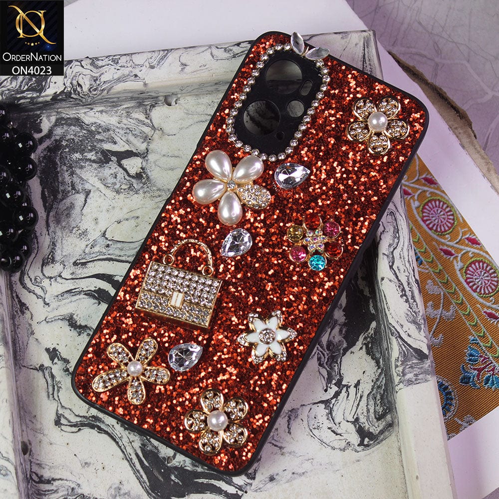 Oppo A76 Cover - Red - New Bling Bling Sparkle 3D Flowers Shiny Glitter Texture Protective Case