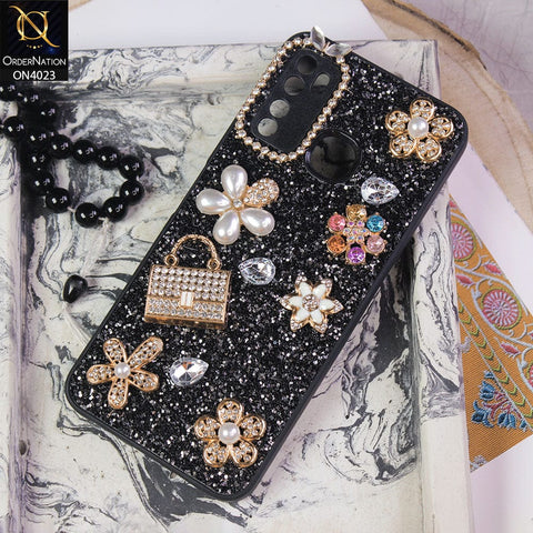 Infinix Hot 9 Pro Cover - Black - New Bling Bling Sparkle 3D Flowers Shiny Glitter Texture Protective Case