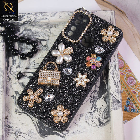 Tecno Spark 5 Cover - Black - New Bling Bling Sparkle 3D Flowers Shiny Glitter Texture Protective Case
