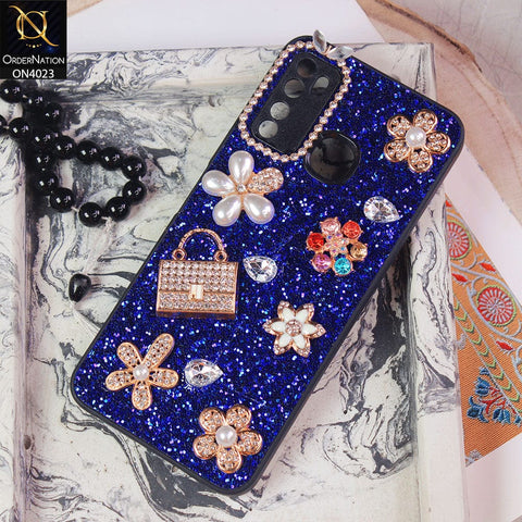 Tecno Camon 15 Cover - Blue - New Bling Bling Sparkle 3D Flowers Shiny Glitter Texture Protective Case