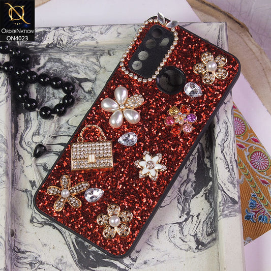 Tecno Spark 5 Cover - Red - New Bling Bling Sparkle 3D Flowers Shiny Glitter Texture Protective Case
