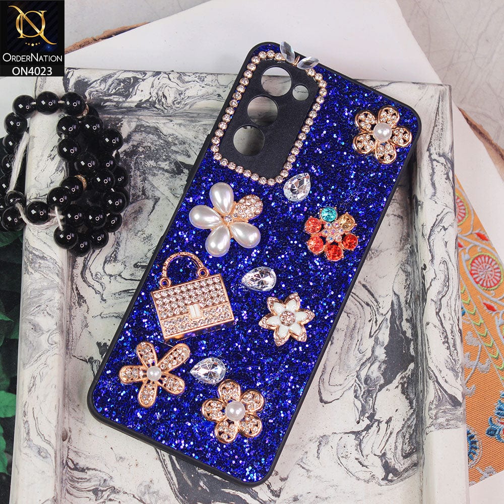 Tecno Camon 18T Cover - Blue - New Bling Bling Sparkle 3D Flowers Shiny Glitter Texture Protective Case