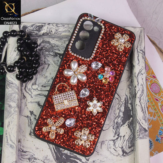 Tecno Camon 18T Cover - Red - New Bling Bling Sparkle 3D Flowers Shiny Glitter Texture Protective Case