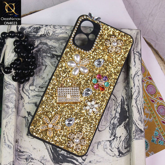Tecno Camon 19 Neo Cover - Golden - New Bling Bling Sparkle 3D Flowers Shiny Glitter Texture Protective Case