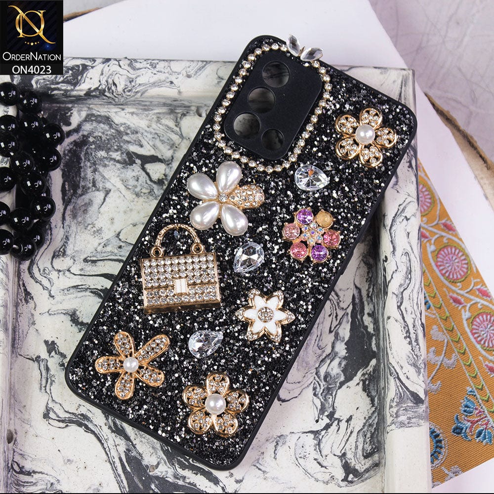 Oppo F19 Cover - Black - New Bling Bling Sparkle 3D Flowers Shiny Glitter Texture Protective Case