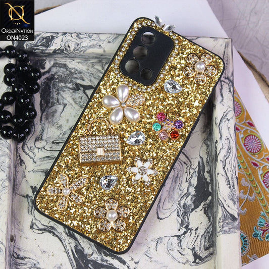Oppo A74 Cover - Golden - New Bling Bling Sparkle 3D Flowers Shiny Glitter Texture Protective Case