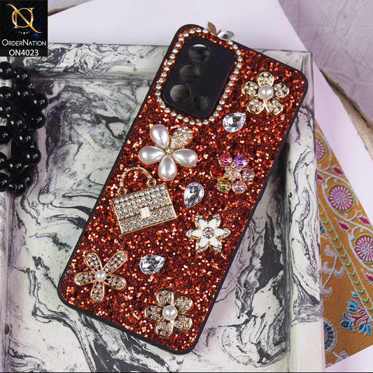 Oppo F19 Cover - Red - New Bling Bling Sparkle 3D Flowers Shiny Glitter Texture Protective Case