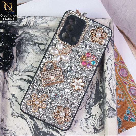 Oppo A74 Cover - Silver - New Bling Bling Sparkle 3D Flowers Shiny Glitter Texture Protective Case