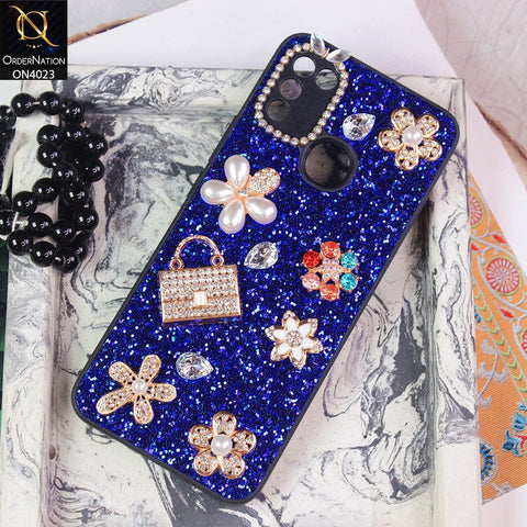Infinix Hot 10 Play Cover - Blue - New Bling Bling Sparkle 3D Flowers Shiny Glitter Texture Protective Case