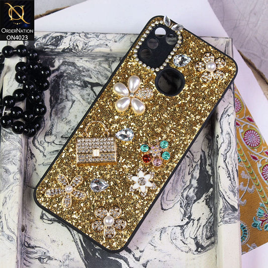 Infinix Hot 10 Play Cover - Golden - New Bling Bling Sparkle 3D Flowers Shiny Glitter Texture Protective Case
