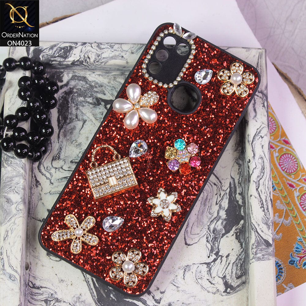 Infinix Hot 10 Play Cover - Red - New Bling Bling Sparkle 3D Flowers Shiny Glitter Texture Protective Case