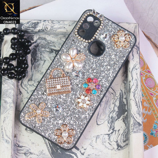 Infinix Hot 10 Play Cover - Silver - New Bling Bling Sparkle 3D Flowers Shiny Glitter Texture Protective Case