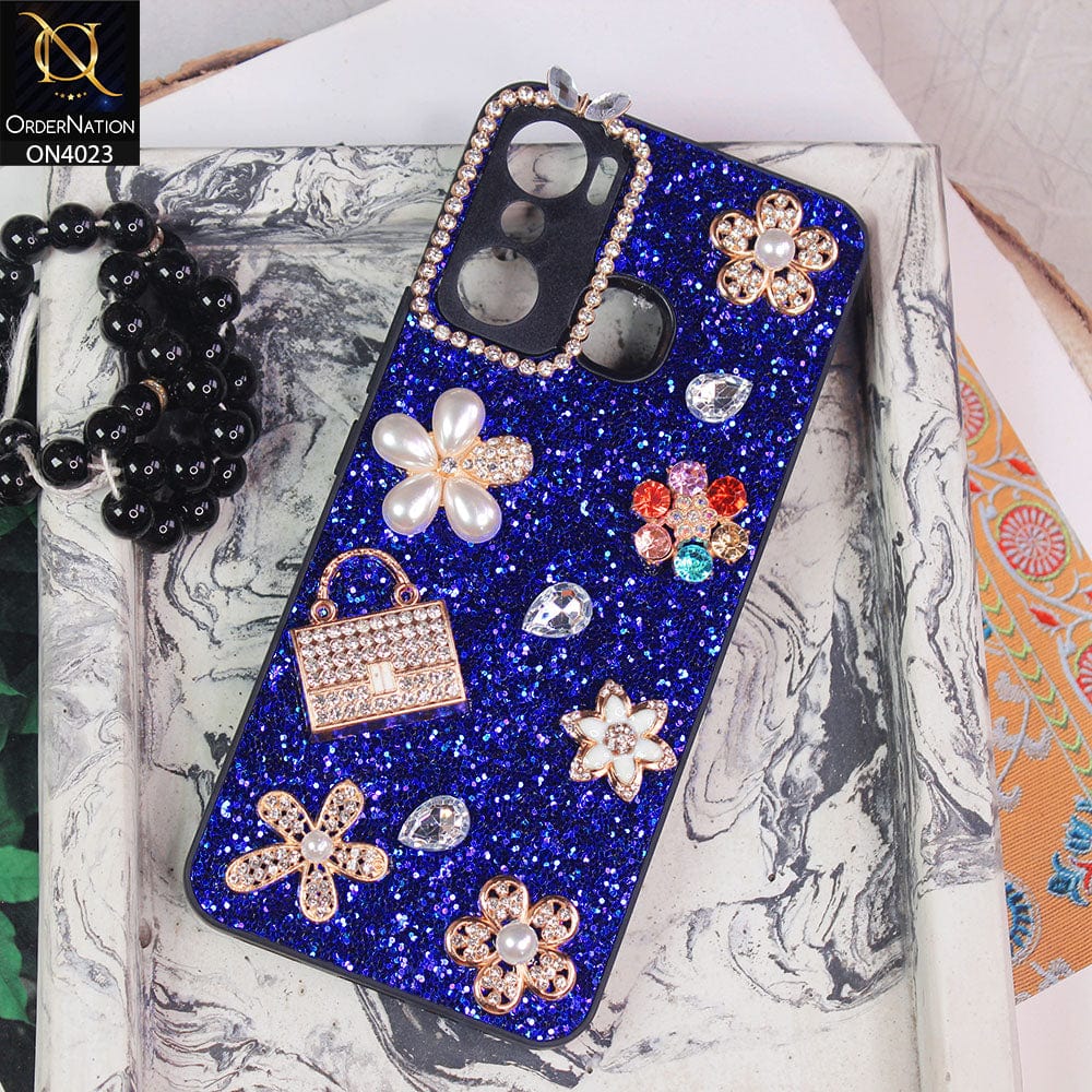 Infinix Hot 20 Play Cover - Blue - New Bling Bling Sparkle 3D Flowers Shiny Glitter Texture Protective Case