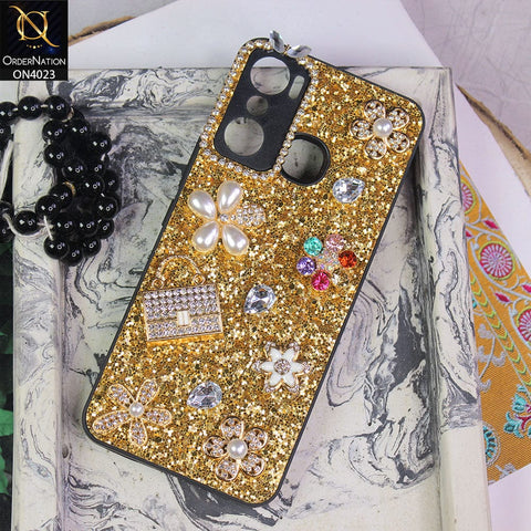 Infinix Hot 20 Play Cover - Golden - New Bling Bling Sparkle 3D Flowers Shiny Glitter Texture Protective Case