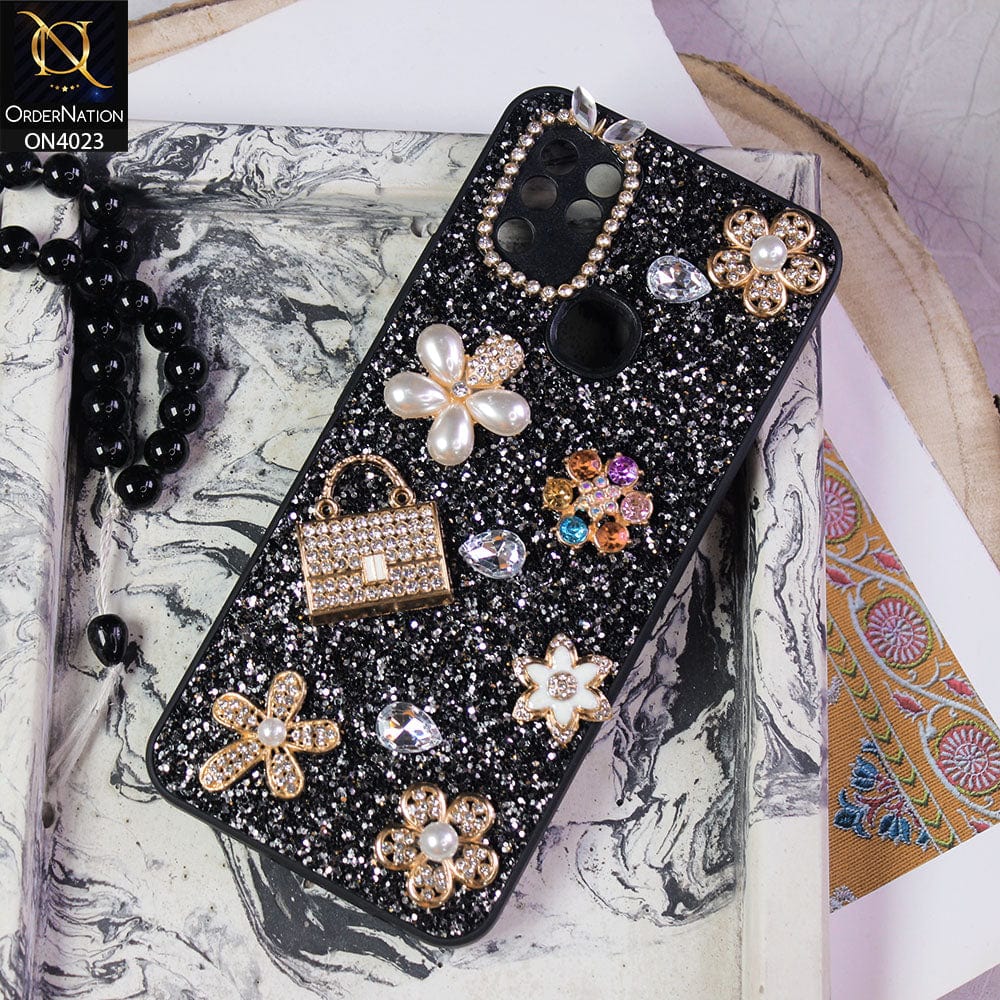 Infinix Hot 10 Cover - Black - New Bling Bling Sparkle 3D Flowers Shiny Glitter Texture Protective Case