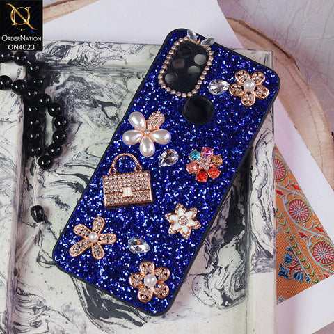 Infinix Hot 10 Cover - Blue - New Bling Bling Sparkle 3D Flowers Shiny Glitter Texture Protective Case