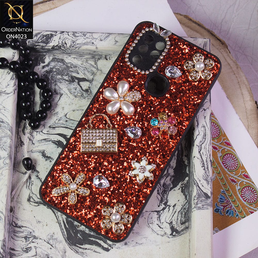 Infinix Hot 10 Cover - Red - New Bling Bling Sparkle 3D Flowers Shiny Glitter Texture Protective Case