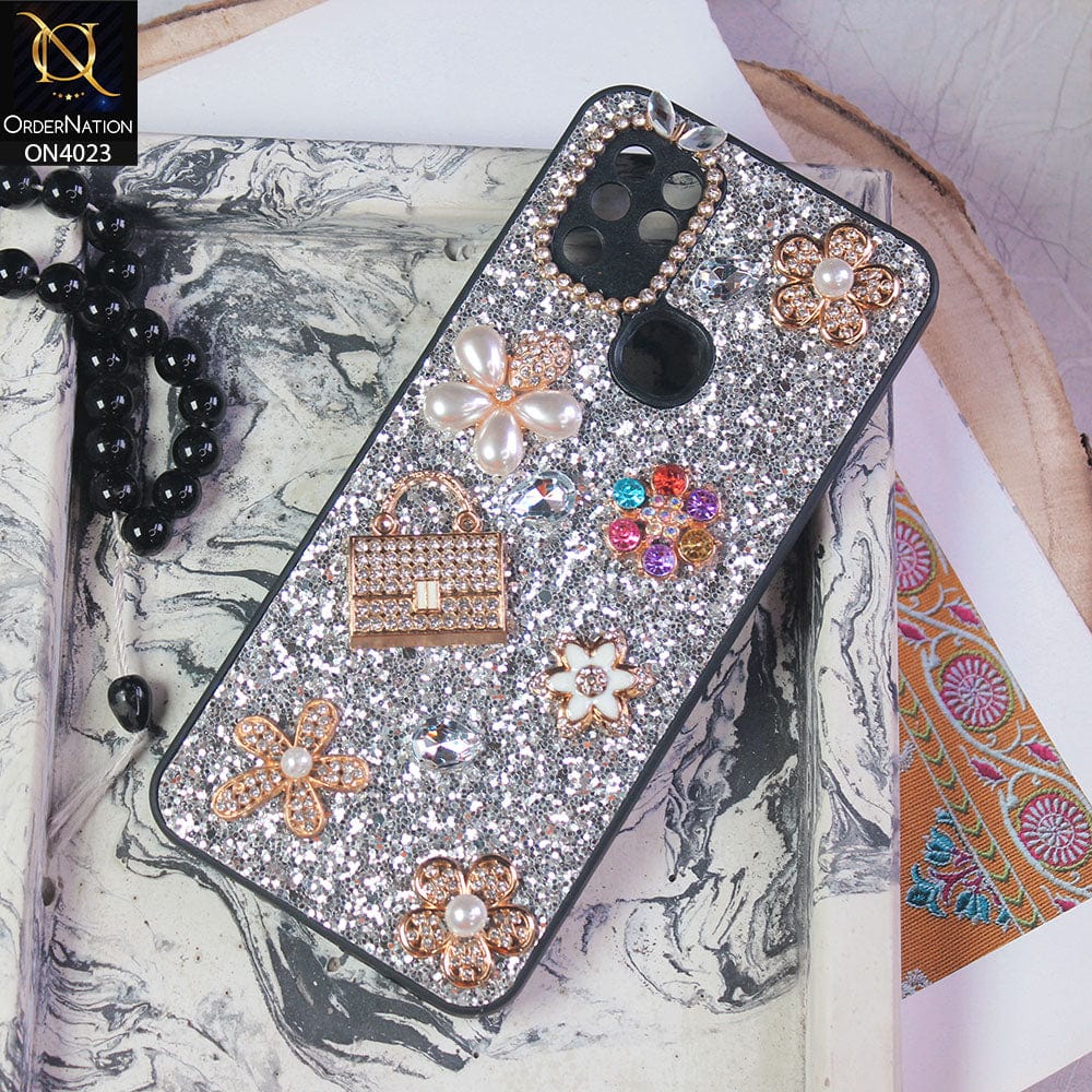 Infinix Hot 10 Cover - Silver - New Bling Bling Sparkle 3D Flowers Shiny Glitter Texture Protective Case