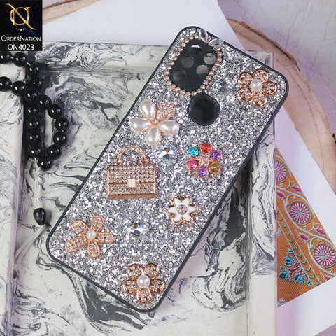 Infinix Hot 10 Cover - Silver - New Bling Bling Sparkle 3D Flowers Shiny Glitter Texture Protective Case