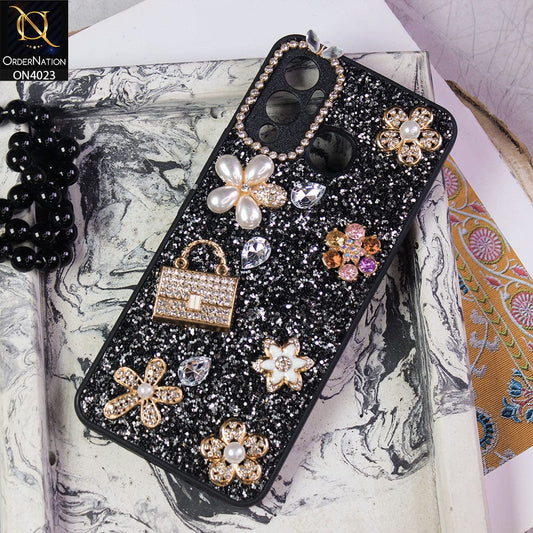 Infinix Hot 12 Play Cover - Black - New Bling Bling Sparkle 3D Flowers Shiny Glitter Texture Protective Case