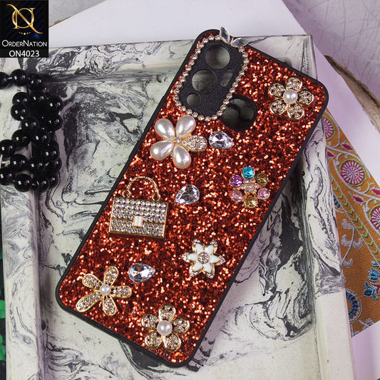 Infinix Hot 12 Play Cover - Red - New Bling Bling Sparkle 3D Flowers Shiny Glitter Texture Protective Case