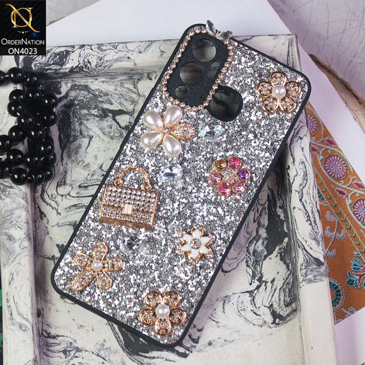 Infinix Hot 12 Play Cover - Silver - New Bling Bling Sparkle 3D Flowers Shiny Glitter Texture Protective Case