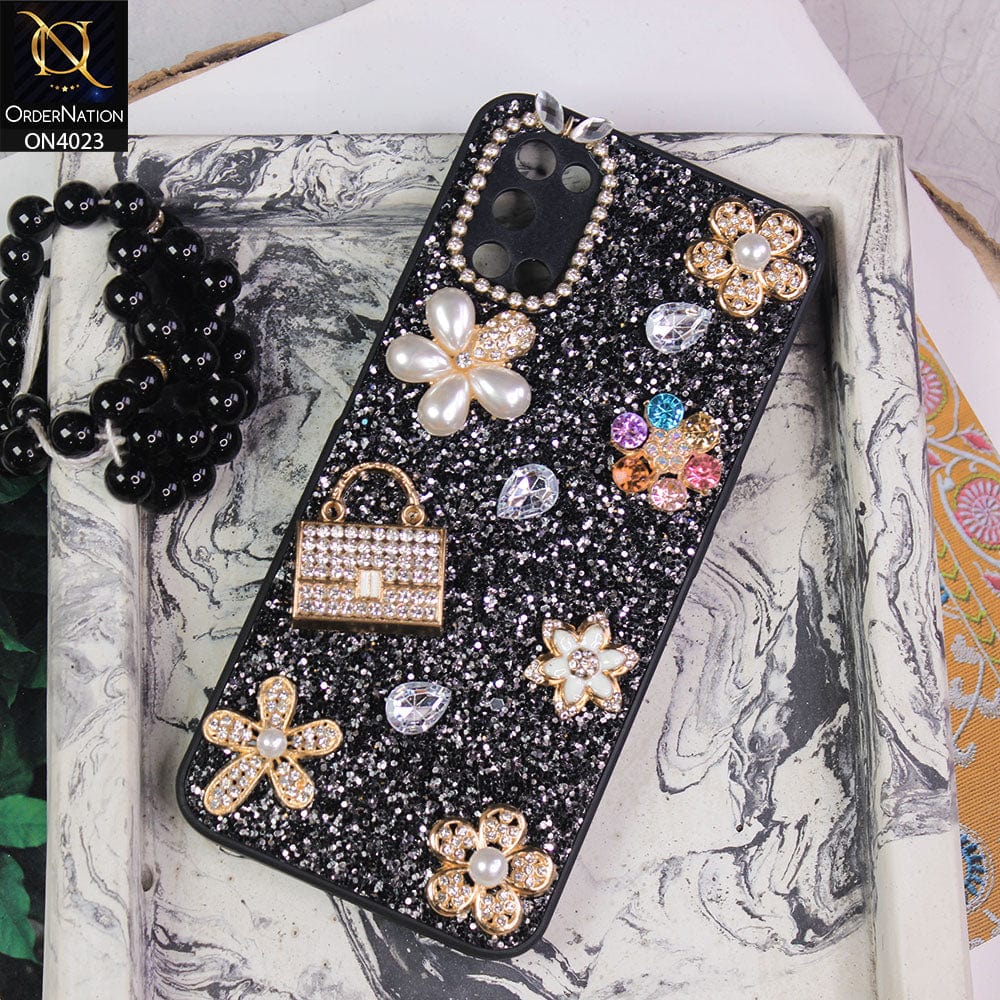 Infinix Smart 5 Cover - Black - New Bling Bling Sparkle 3D Flowers Shiny Glitter Texture Protective Case