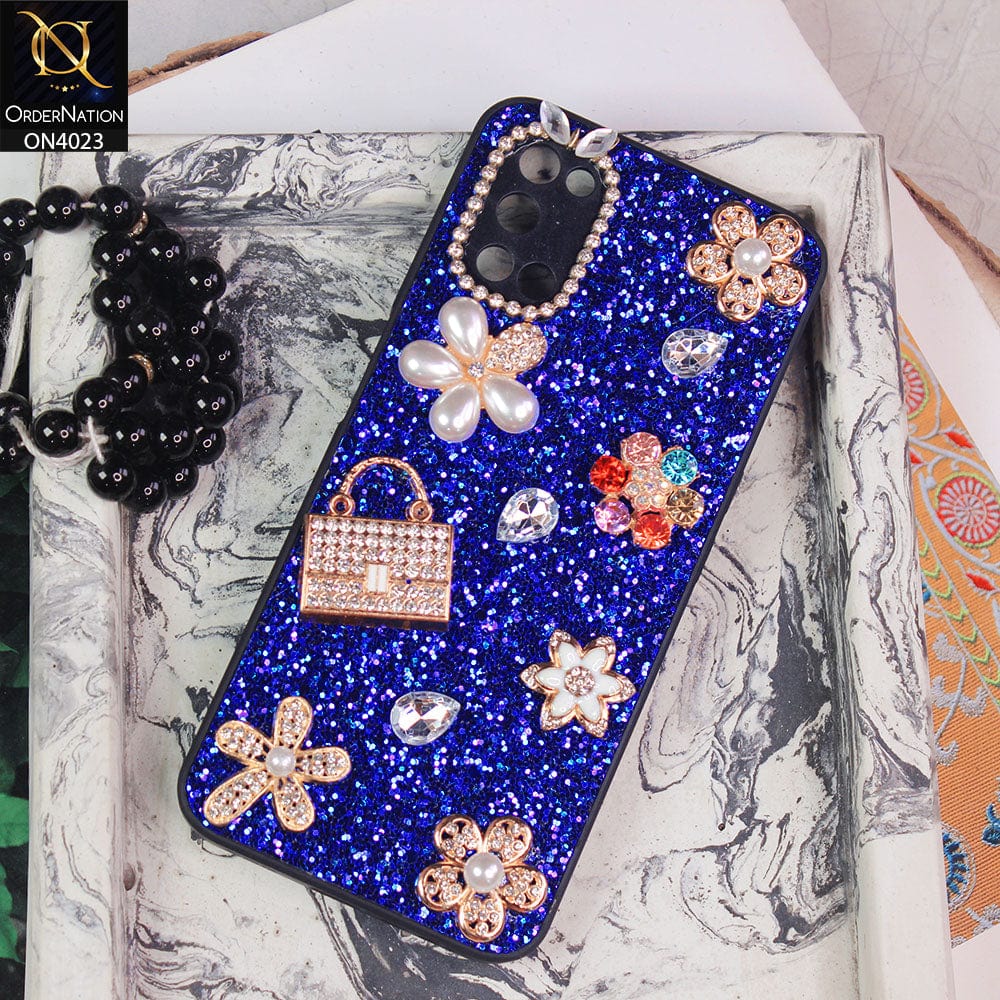 Infinix Smart 5 Cover - Blue - New Bling Bling Sparkle 3D Flowers Shiny Glitter Texture Protective Case