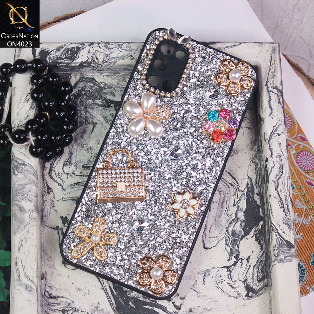 Infinix Smart 5 Cover - Silver - New Bling Bling Sparkle 3D Flowers Shiny Glitter Texture Protective Case