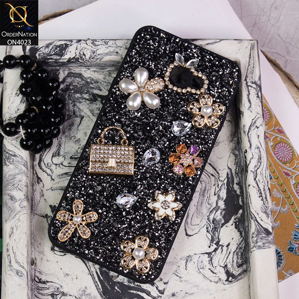 Samsung Galaxy J4 Plus Cover - Black - New Bling Bling Sparkle 3D Flowers Shiny Glitter Texture Protective Case