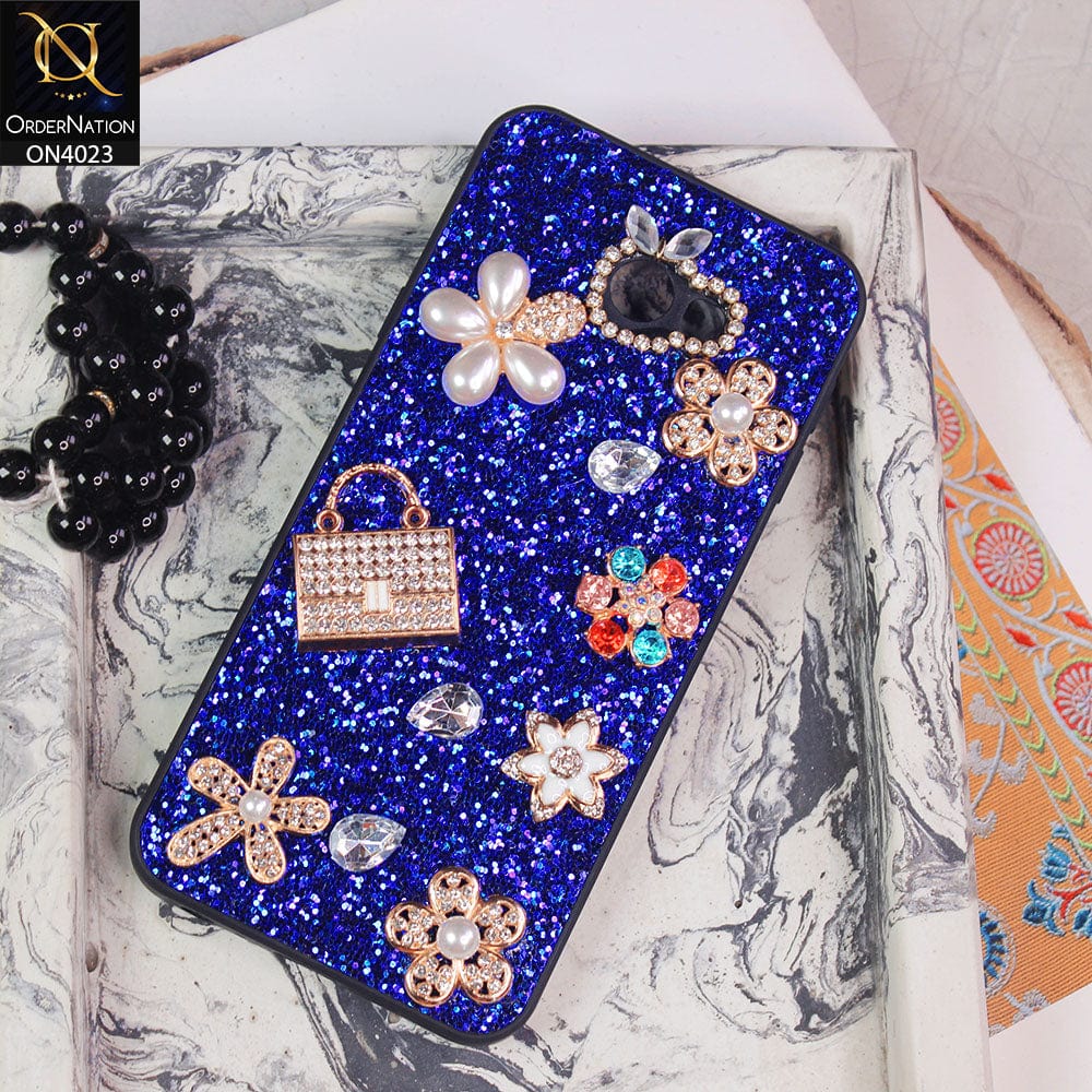 Samsung Galaxy J4 Plus Cover - Blue - New Bling Bling Sparkle 3D Flowers Shiny Glitter Texture Protective Case