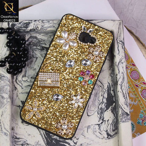 Samsung Galaxy J4 Plus Cover - Golden - New Bling Bling Sparkle 3D Flowers Shiny Glitter Texture Protective Case