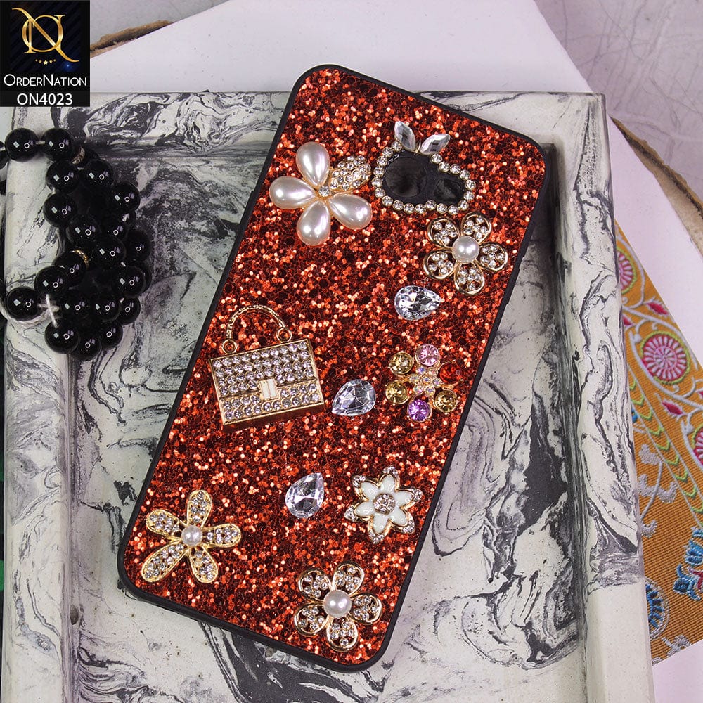 Samsung Galaxy J4 Plus Cover - Red - New Bling Bling Sparkle 3D Flowers Shiny Glitter Texture Protective Case