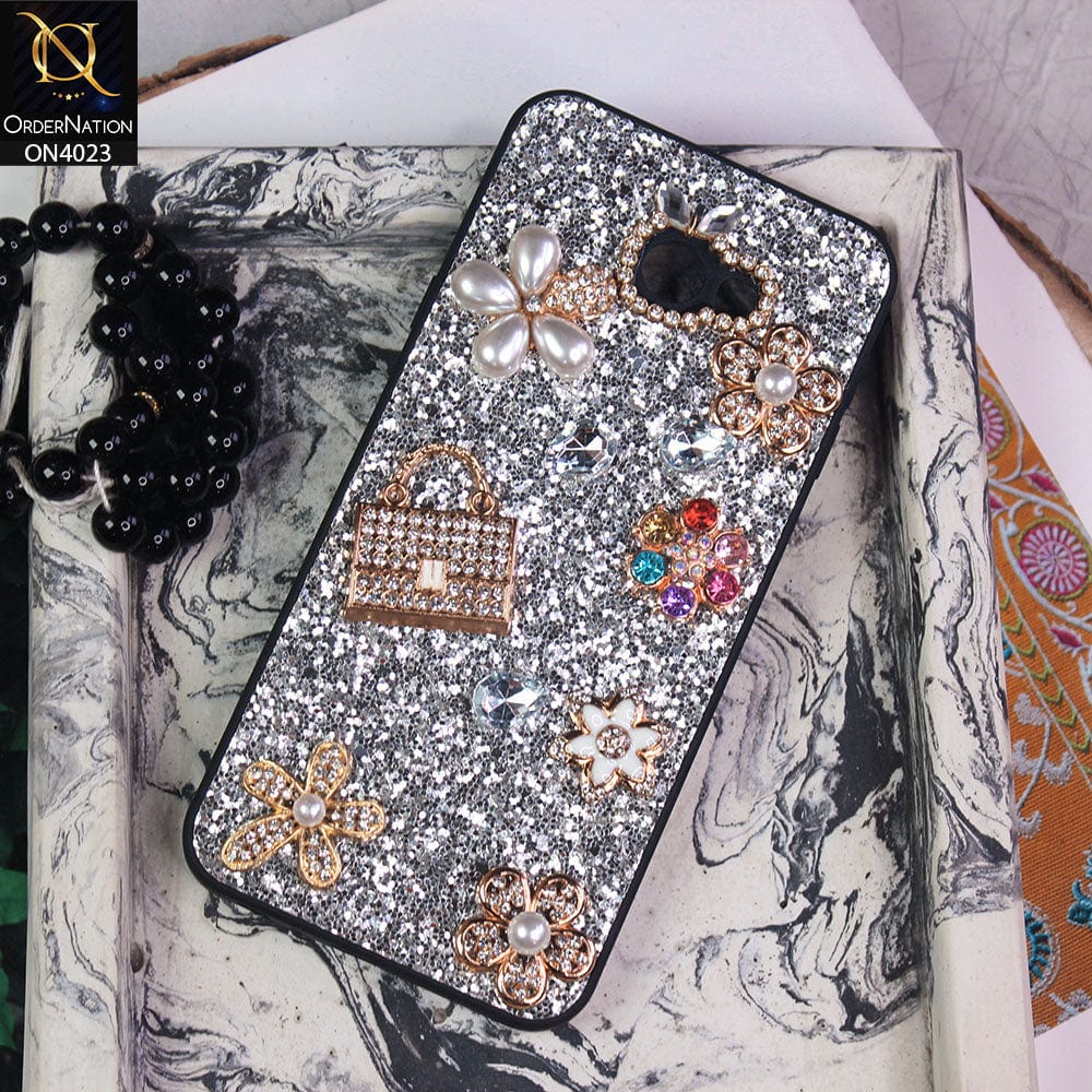 Samsung Galaxy J4 Plus Cover - Silver - New Bling Bling Sparkle 3D Flowers Shiny Glitter Texture Protective Case