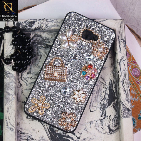 Samsung Galaxy J4 Plus Cover - Silver - New Bling Bling Sparkle 3D Flowers Shiny Glitter Texture Protective Case