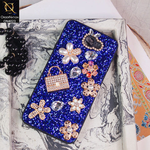 Samsung Galaxy J7 Prime Cover - Blue - New Bling Bling Sparkle 3D Flowers Shiny Glitter Texture Protective Case